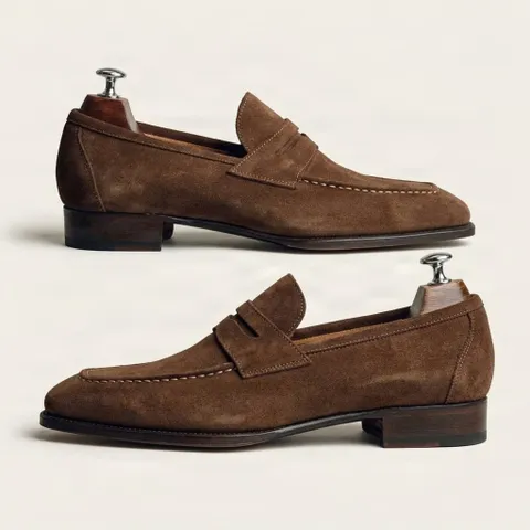 Brown suede penny loafers