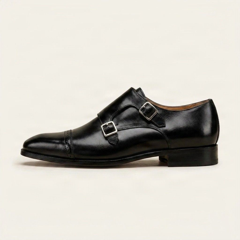 Black leather double monk strap shoes cap toe