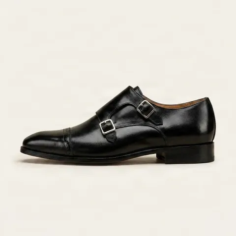 Black leather double monk strap shoes cap toe