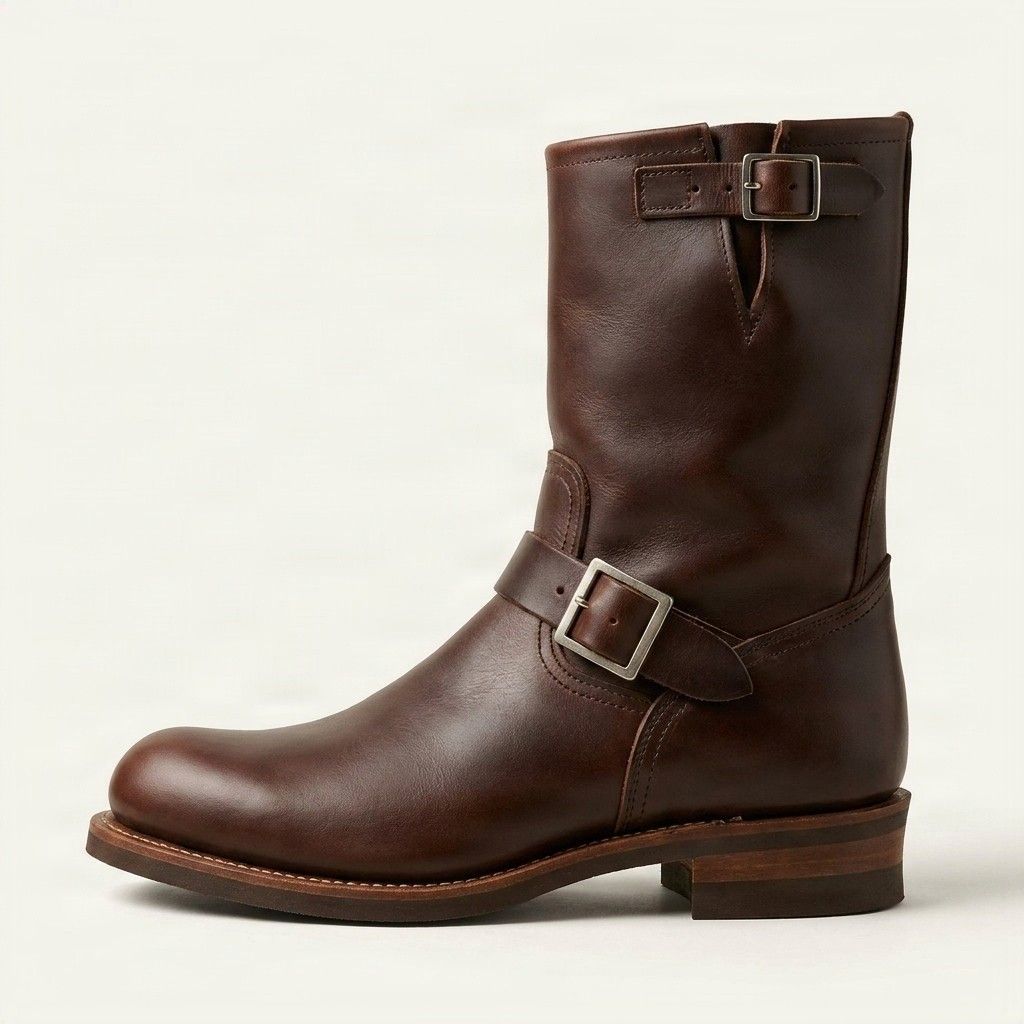 Brown leather engineer boots two buckle