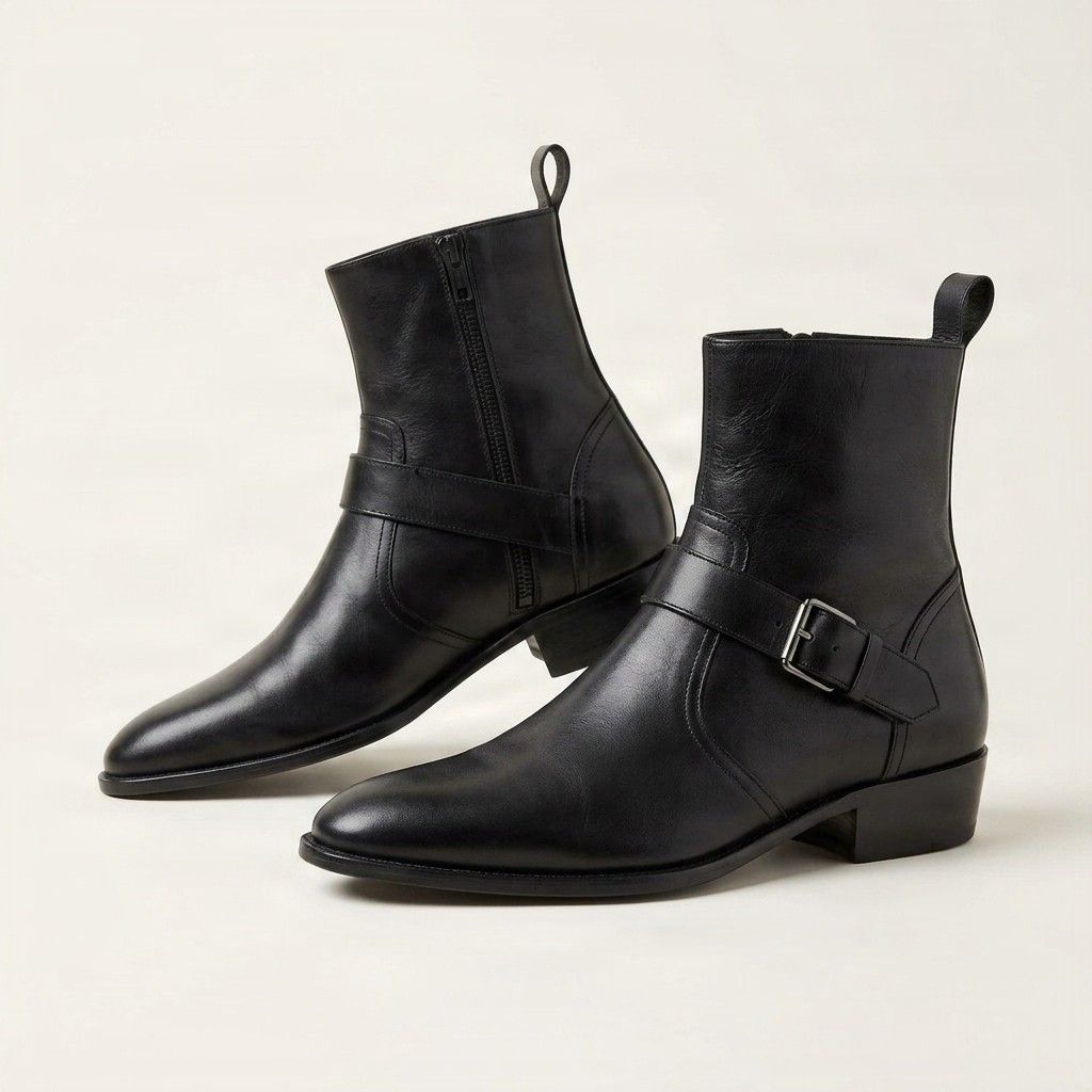 Black leather jodhpur boots buckle