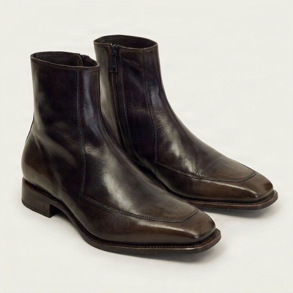 Brown leather ankle boots square toe