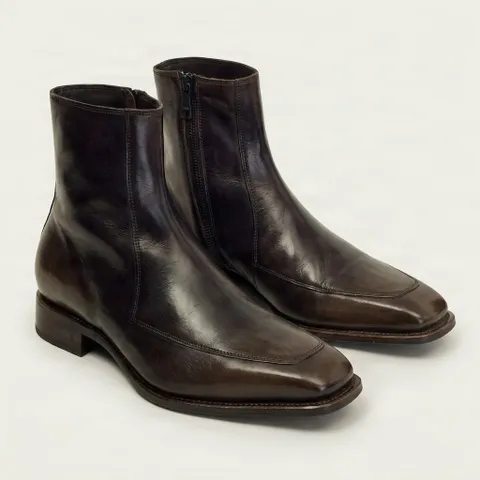 Brown leather ankle boots square toe