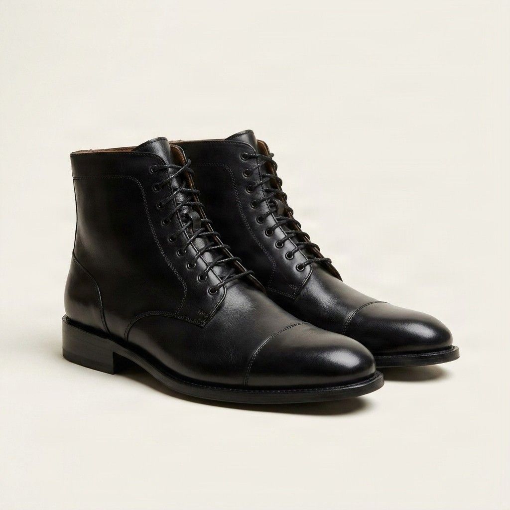Black leather dress boots cap toe straight