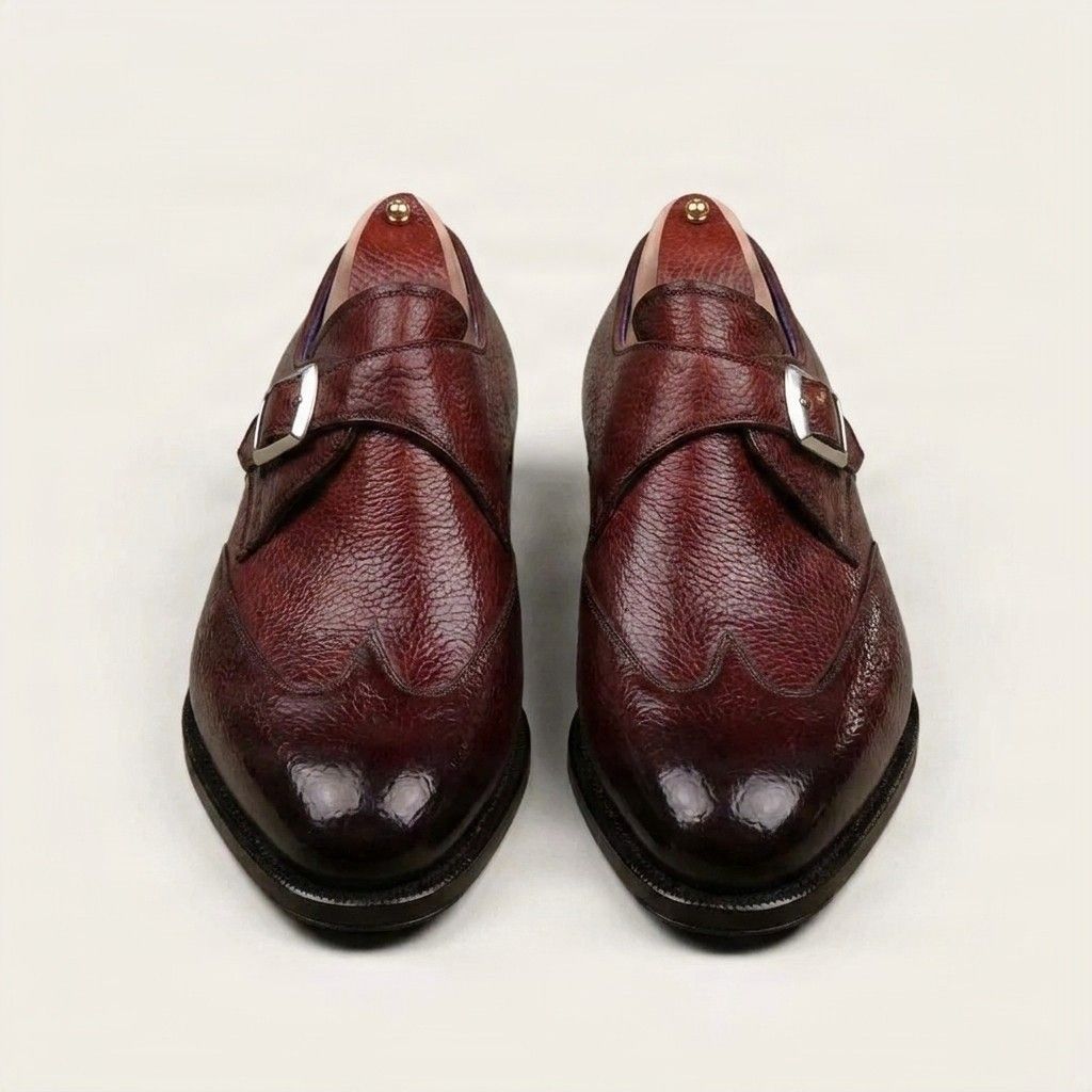 Burgundy leather monk strap shoes