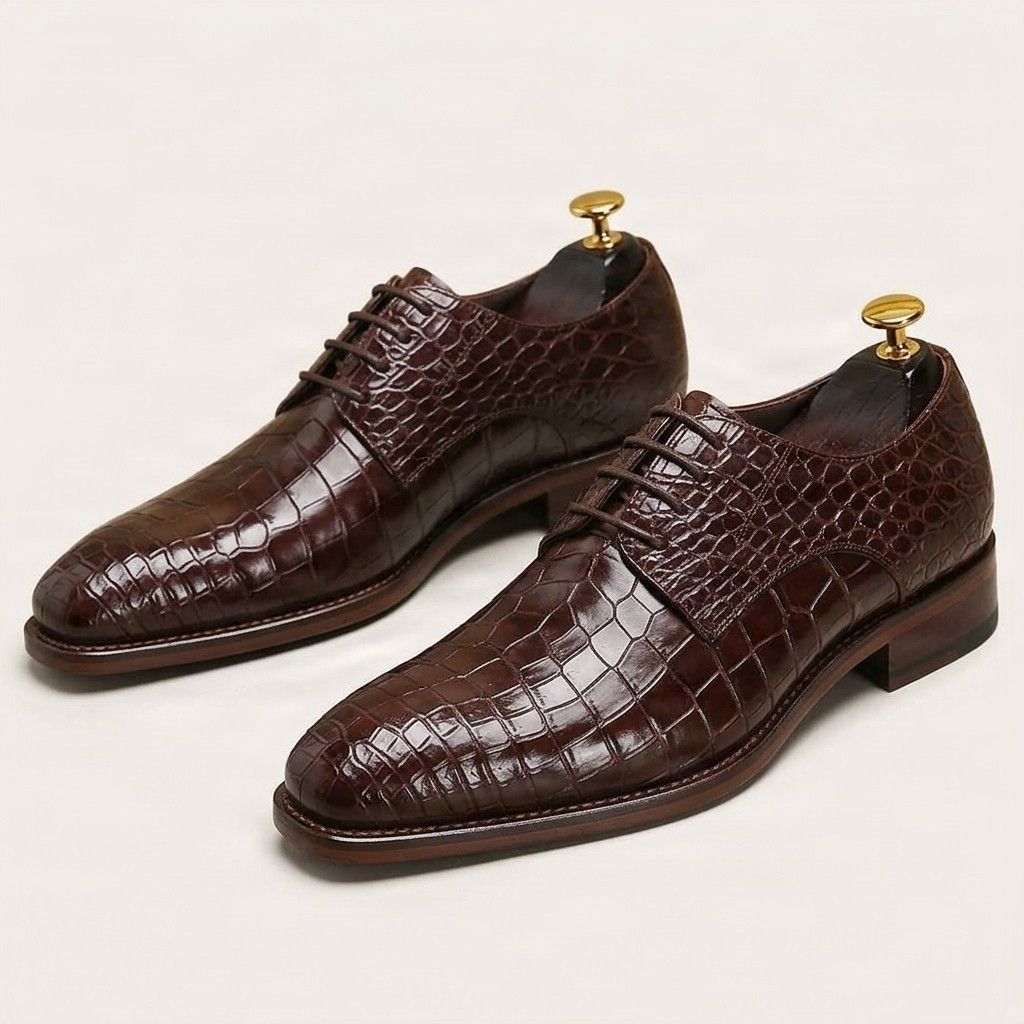 Brown alligator derby shoes