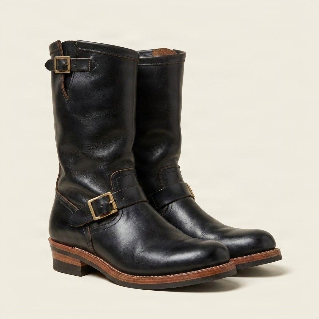 Black leather engineer boots double buckle