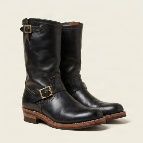 Black leather engineer boots double buckle