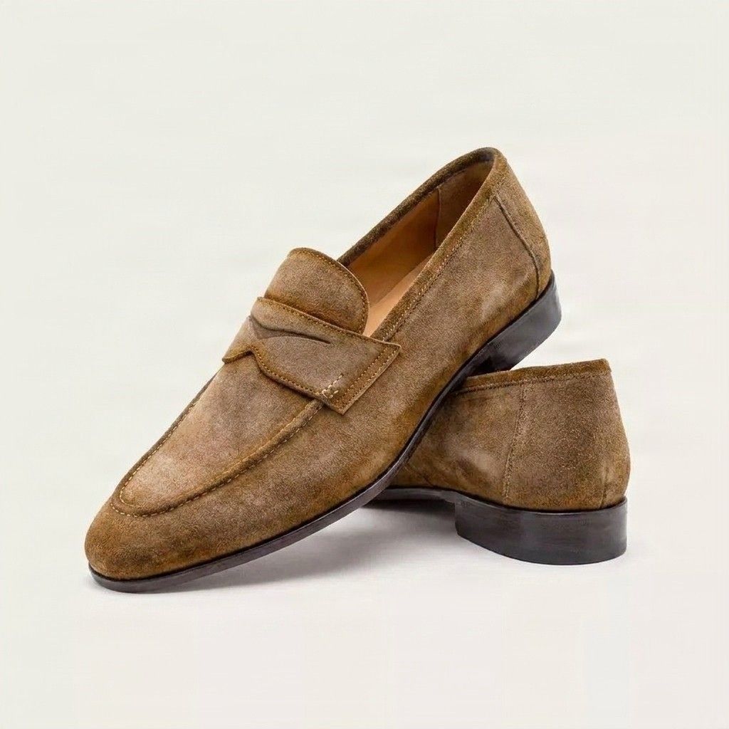 Brown suede penny loafers saddle