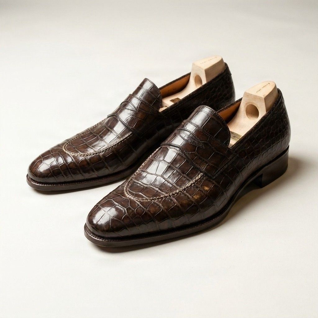 Brown alligator penny loafers