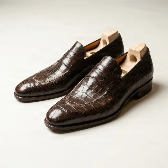 Brown alligator penny loafers