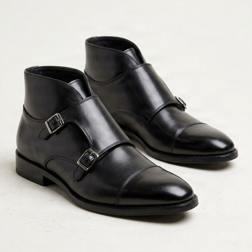 Black leather double monk boots