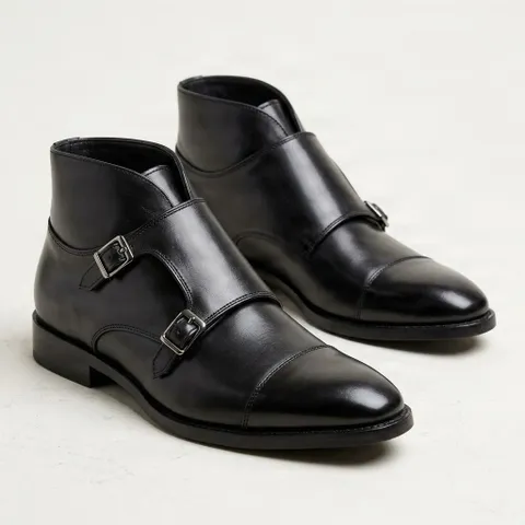 Black leather double monk boots