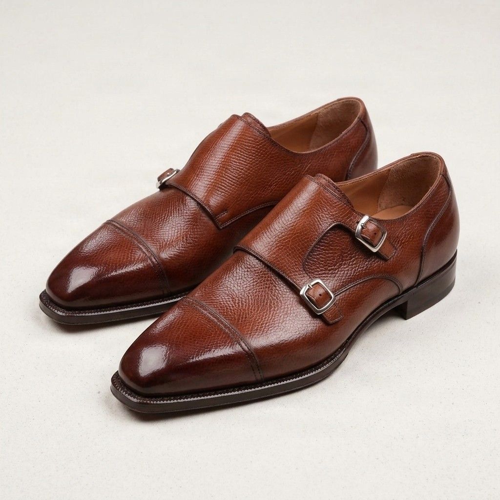 Brown leather double monk strap shoes