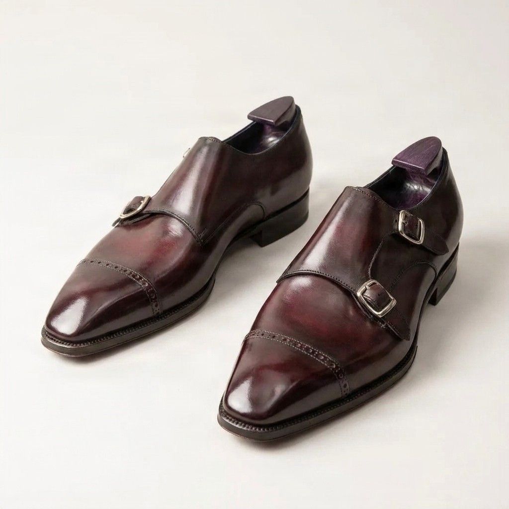 Burgundy leather double monk strap shoes toe