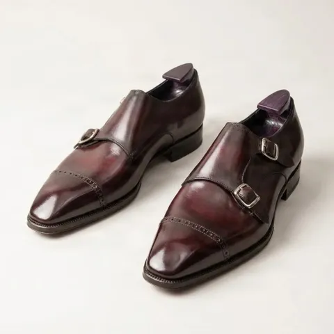 Burgundy leather double monk strap oxford shoes