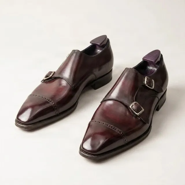 Burgundy leather double monk strap shoes toe