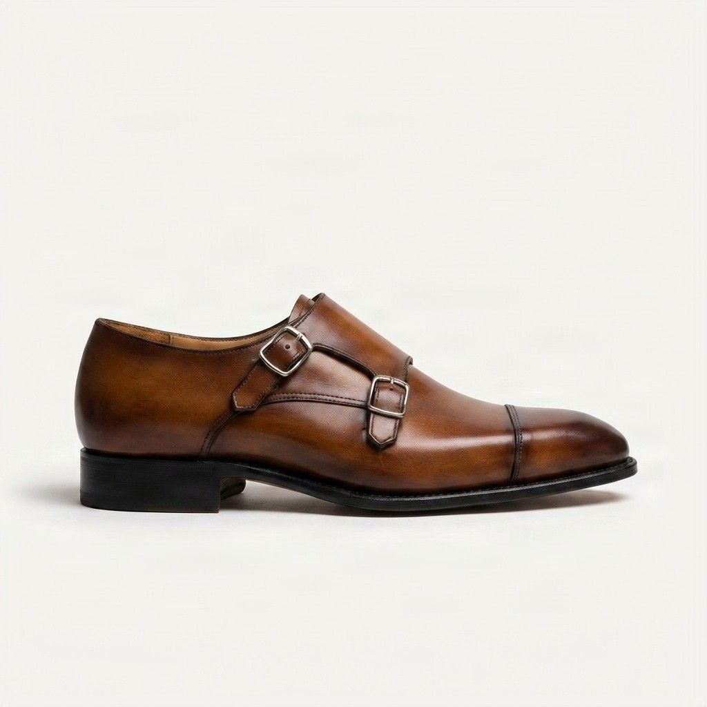 Brown leather double monk strap shoes cap toe