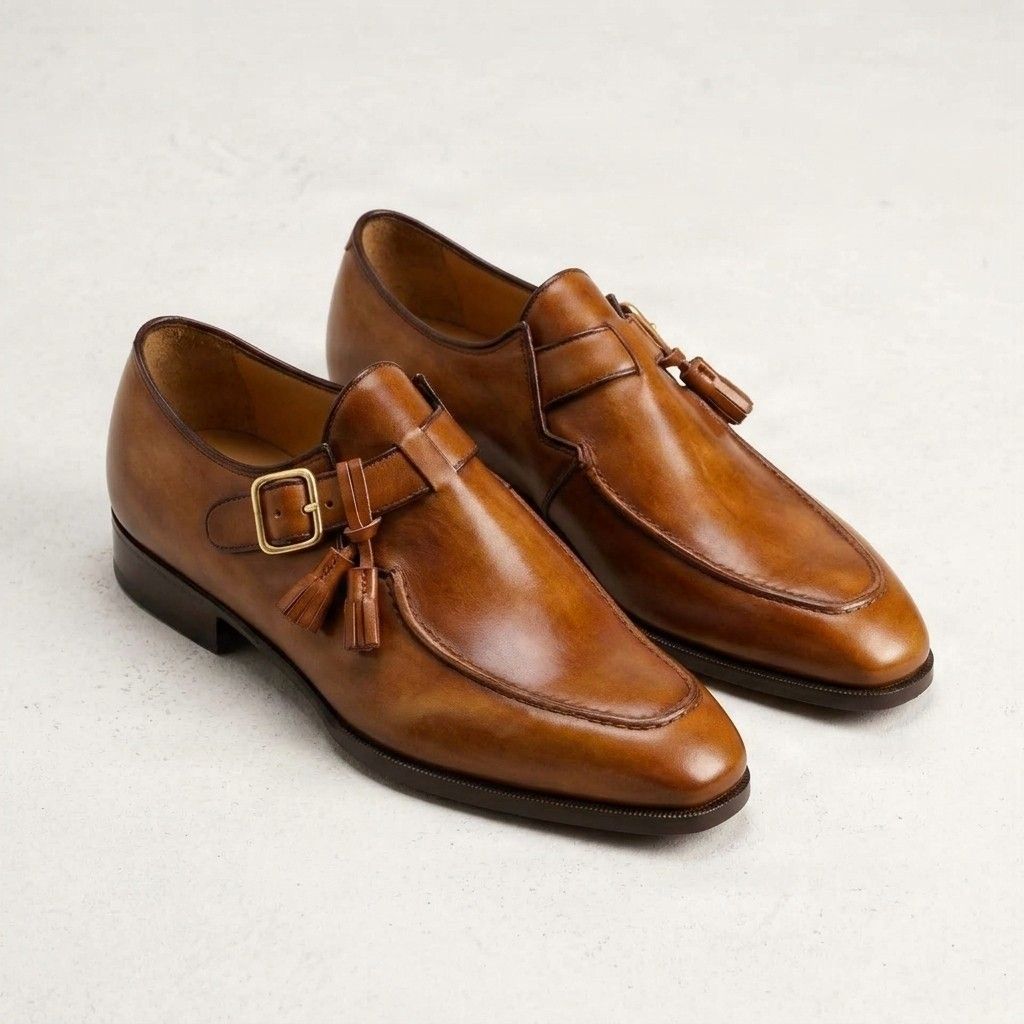 Cognac leather monk strap shoes