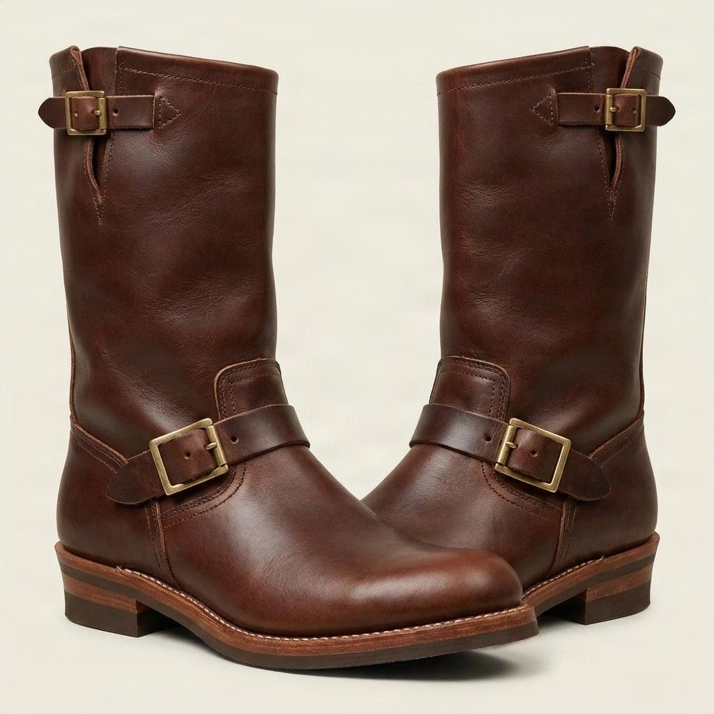 Brown leather engineer boots
