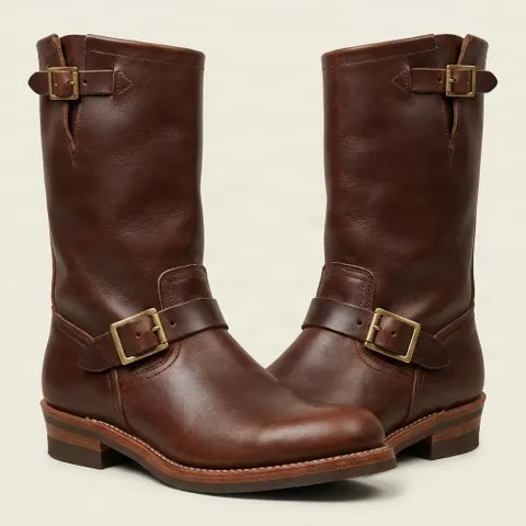 Brown leather engineer boots