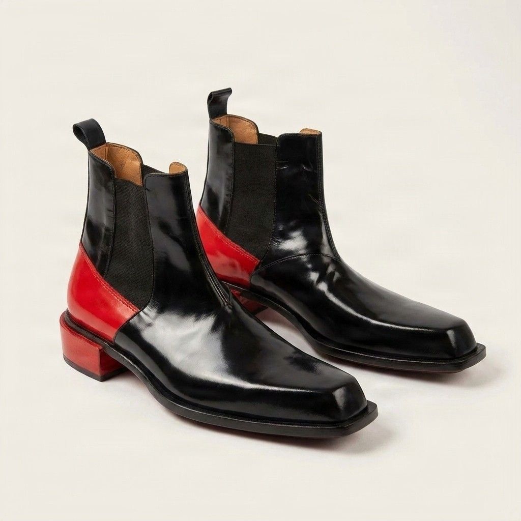 Black and red patent leather chelsea boots