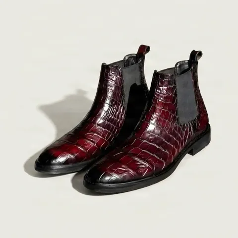 Burgundy alligator chelsea boots square toe