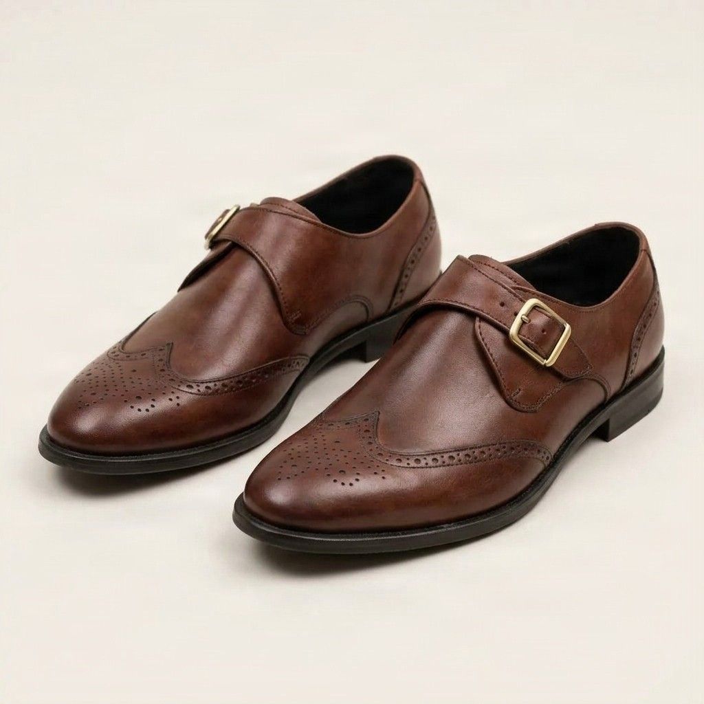 Brown leather monk strap shoes