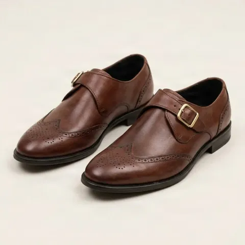 Brown leather monk strap wingtip shoes