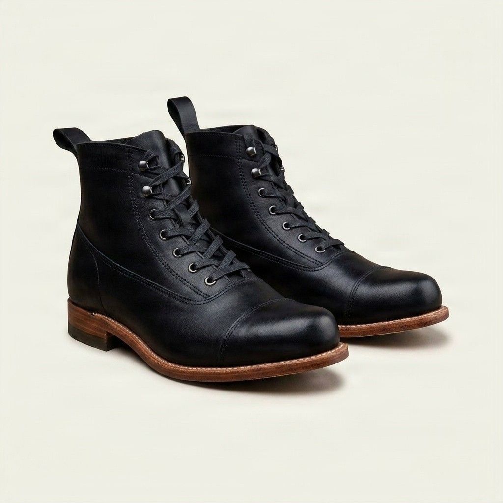 Black leather ankle boots cap toe