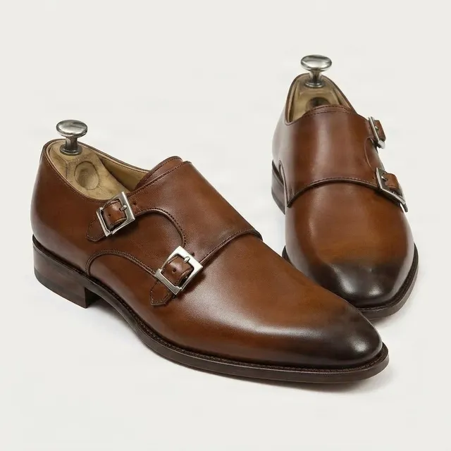 Brown leather double monk strap shoes two
