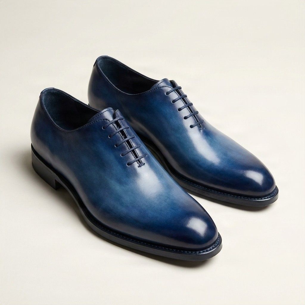 Blue leather wholecut oxfords