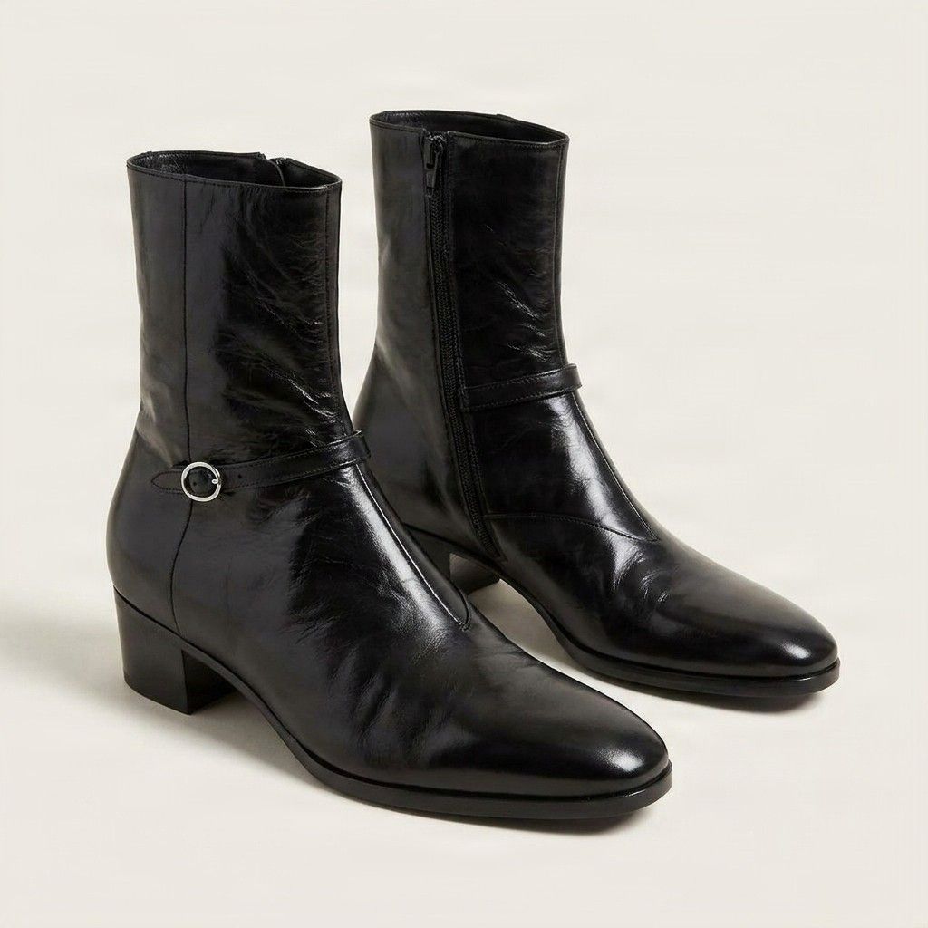 Black leather harness boots buckle