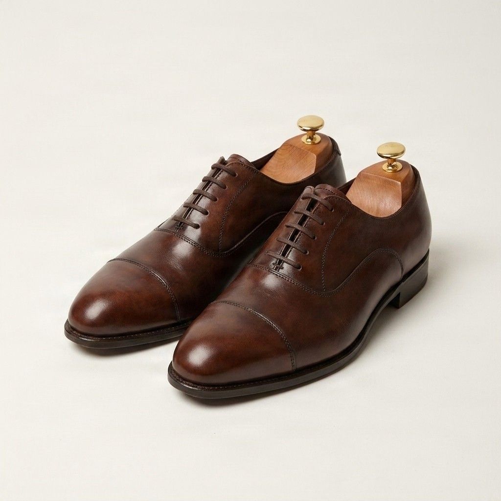 Brown leather oxford shoes cap toe round