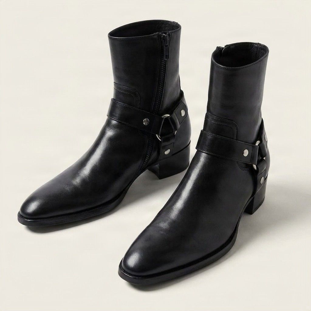Black leather harness boots pointed toe