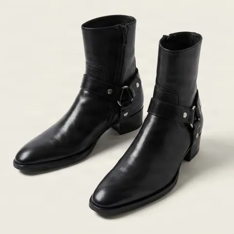 Black leather harness boots pointed toe