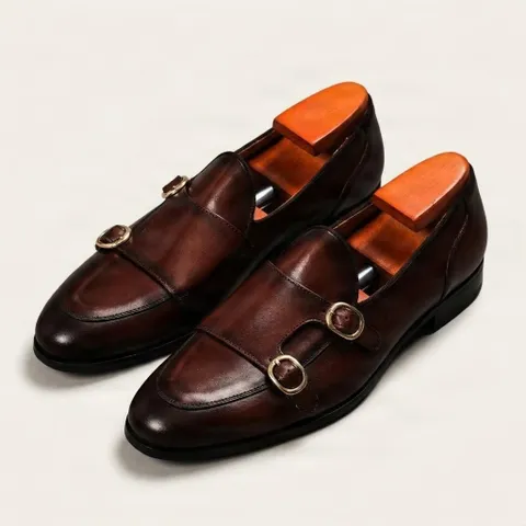 Dark brown leather double monk strap shoes