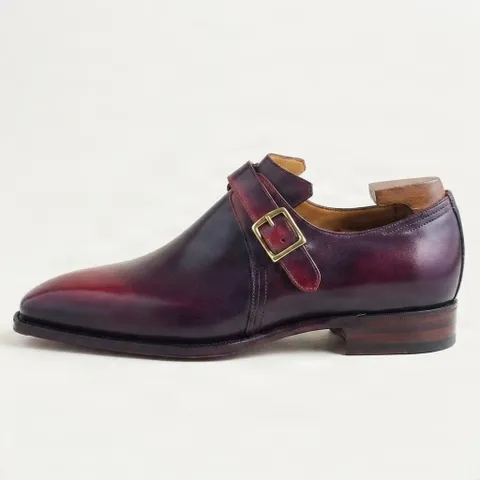 Burgundy leather single monk pointed toe shoes