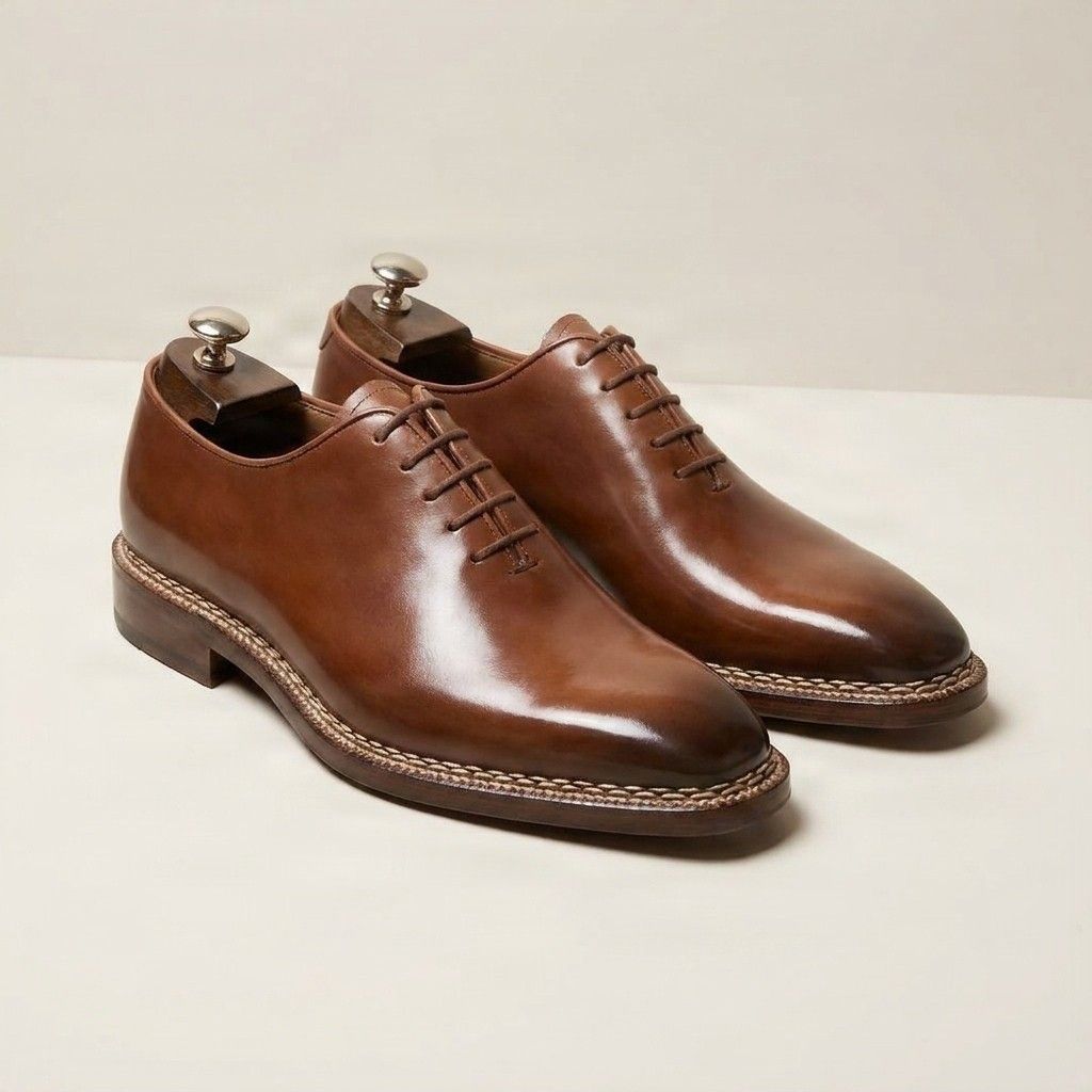 Brown leather oxford shoes almond toe