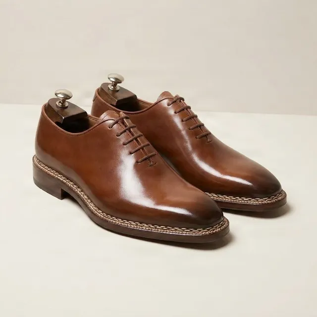 Brown leather oxford shoes almond toe