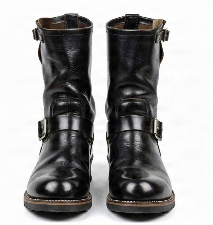 Black leather engineer boots