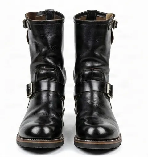 Black leather engineer boots