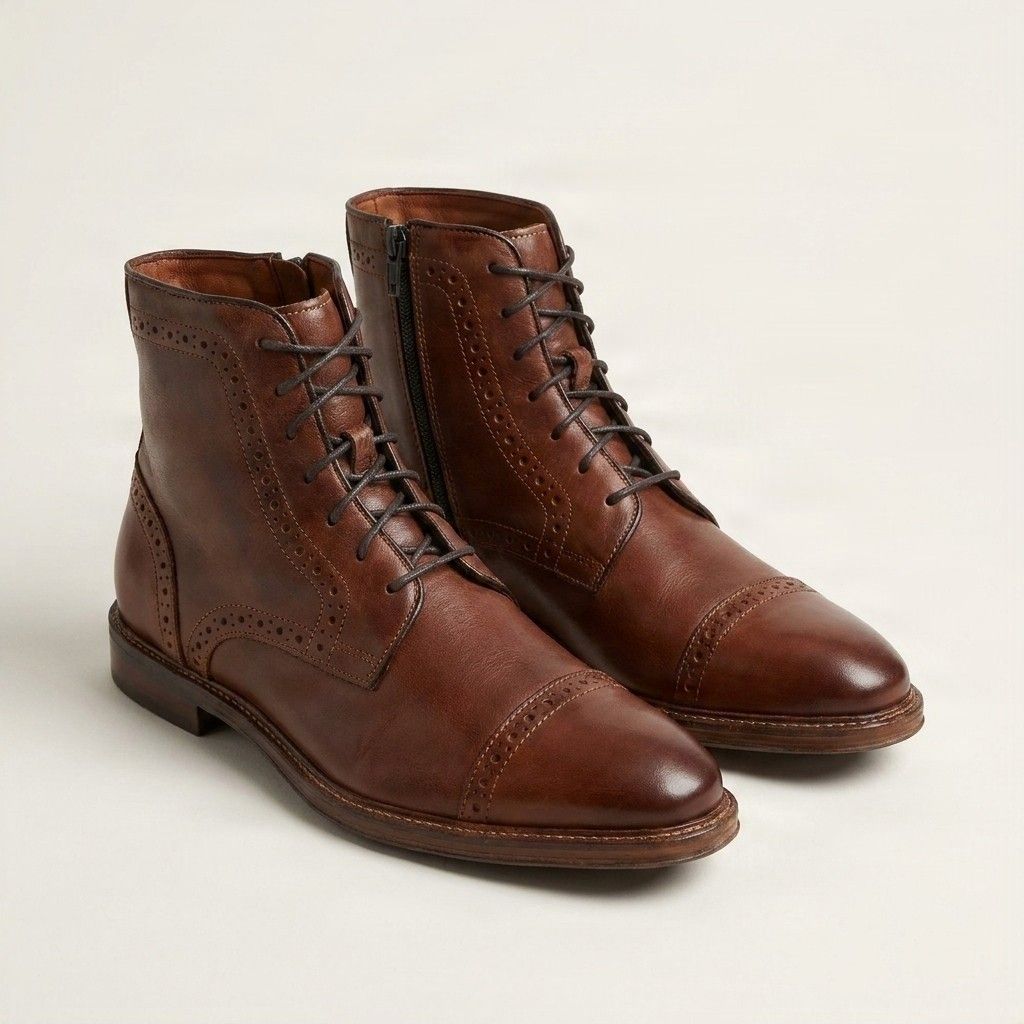 Cognac leather ankle boots cap toe