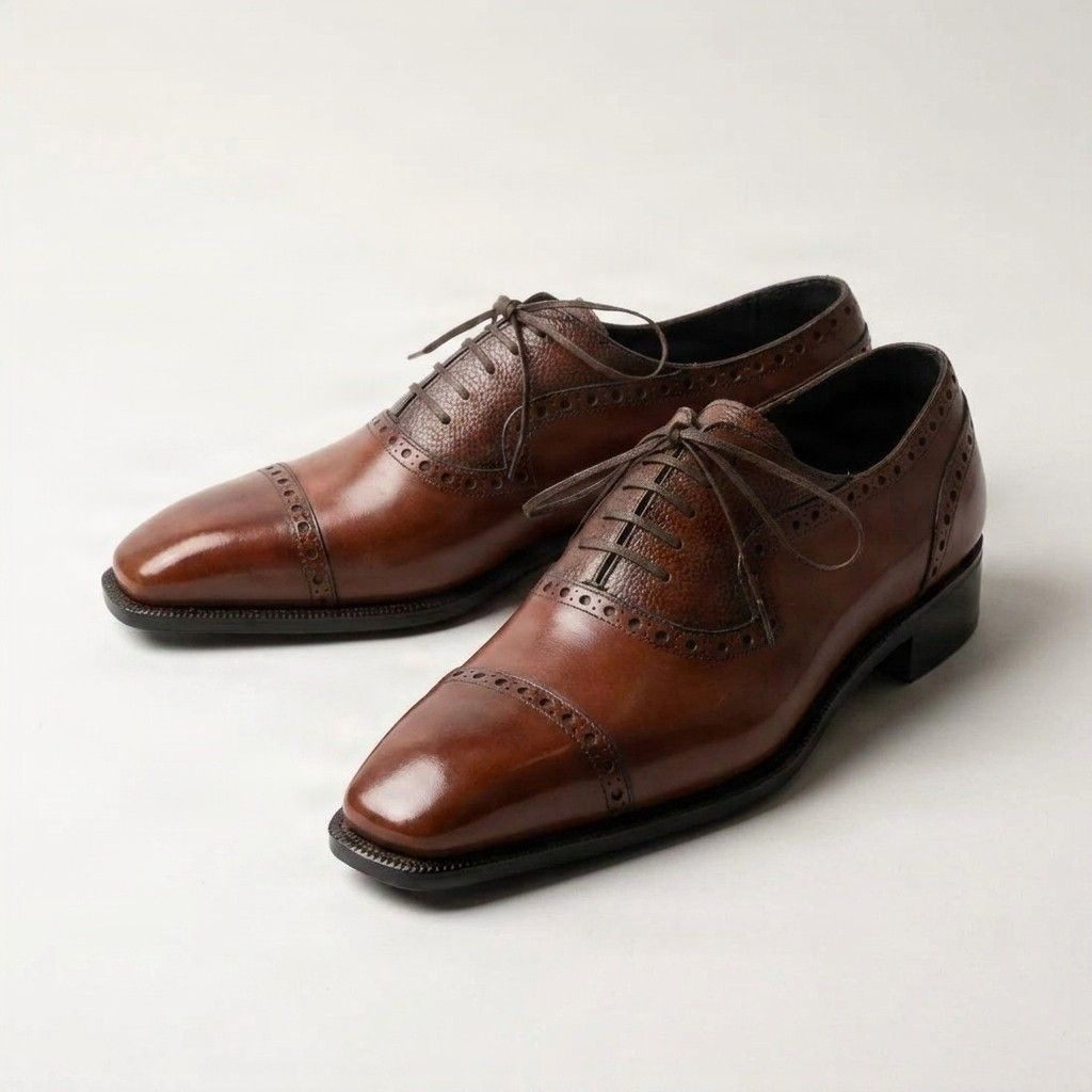 Brown leather oxford shoes cap toe brogues