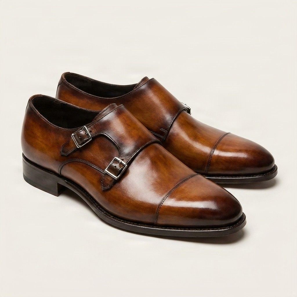 Brown leather double monk strap shoes cap toe two