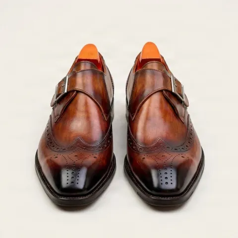 Brown leather single monk strap shoes wingtip