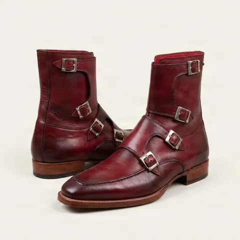 Burgundy leather dress boots apron toe