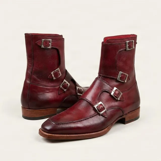 Burgundy leather dress boots apron toe