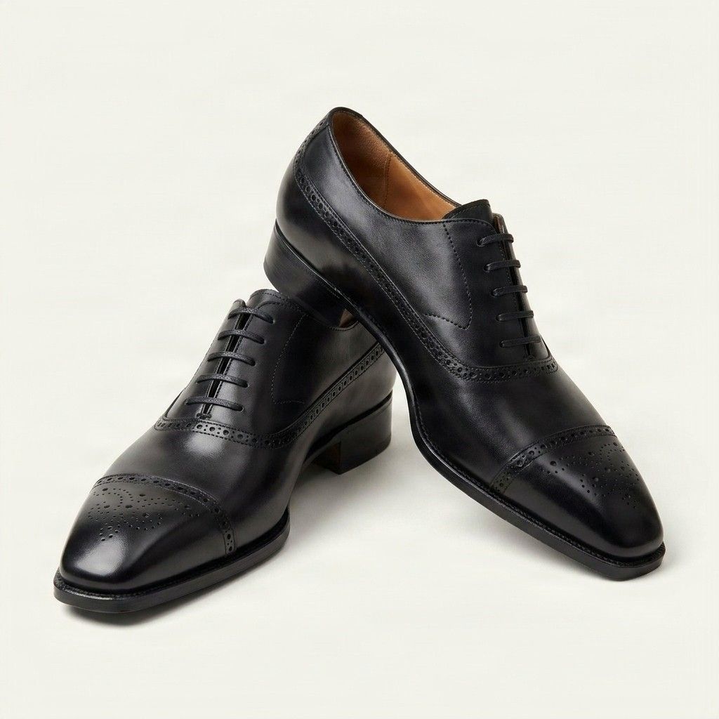 Black leather cap toe brogues medallion