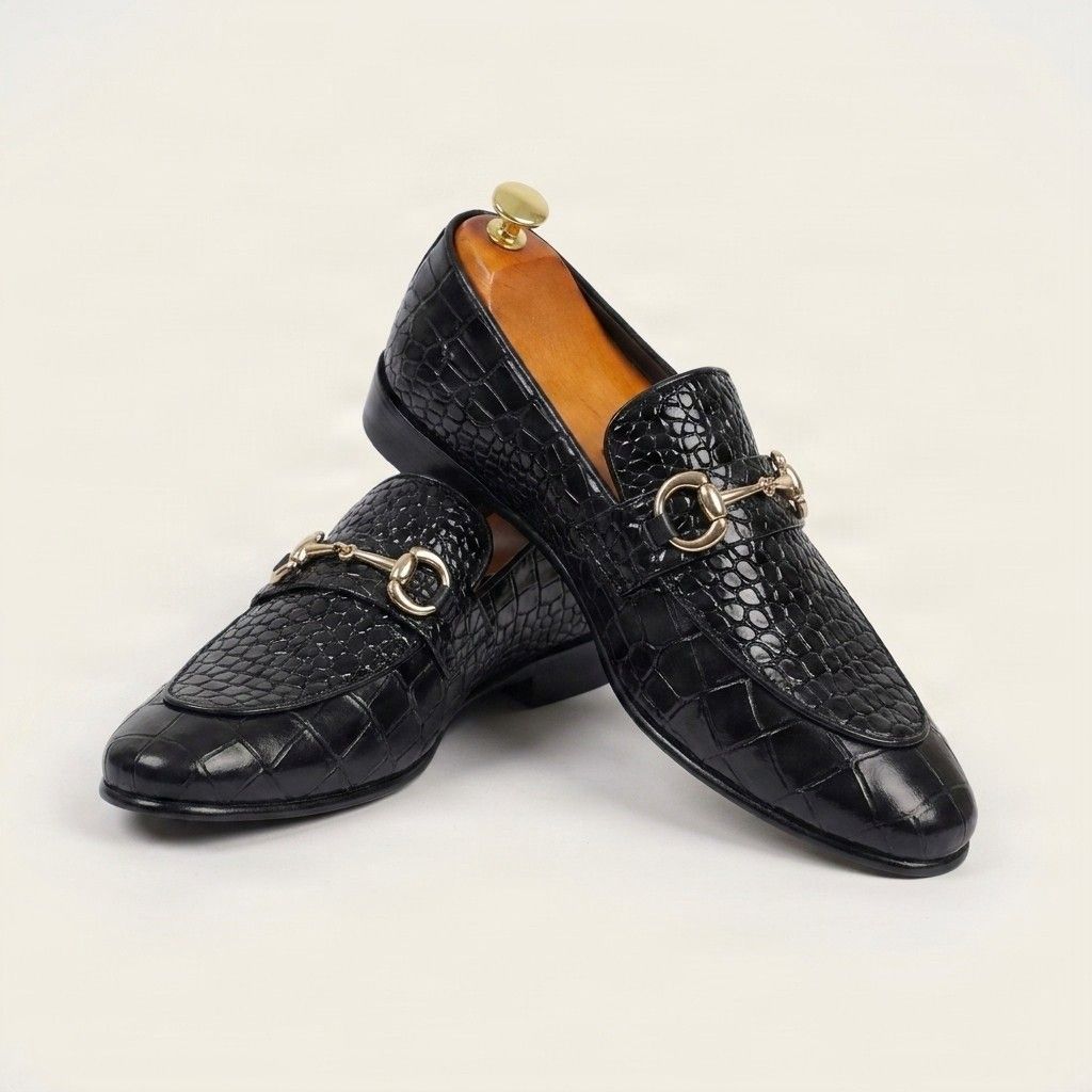 Black crocodile horsebit loafers